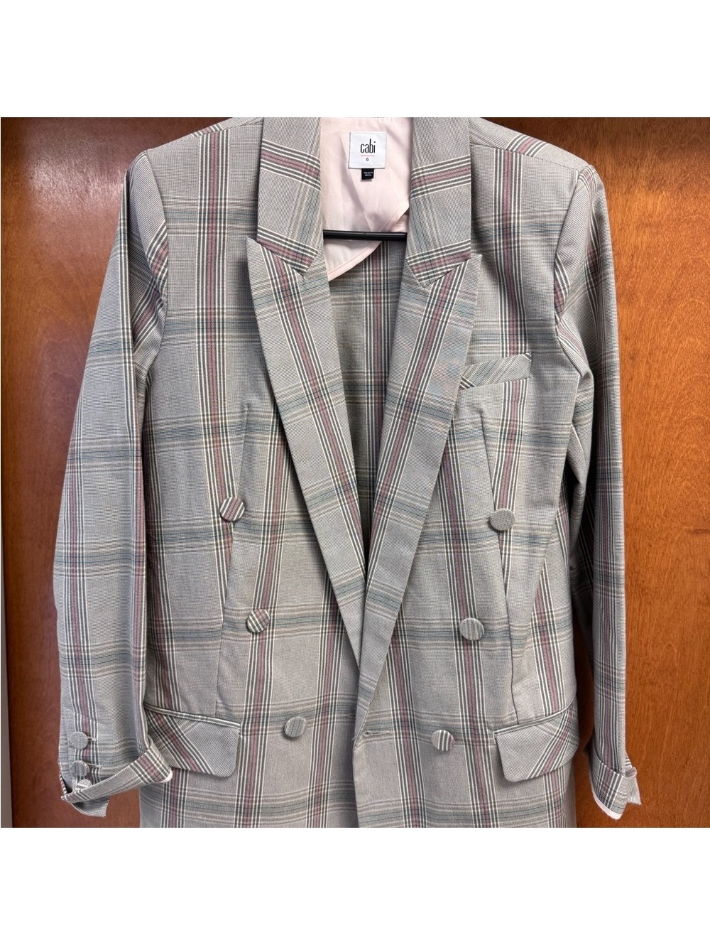 CAbi Grey and Pink Plaid Blazer
